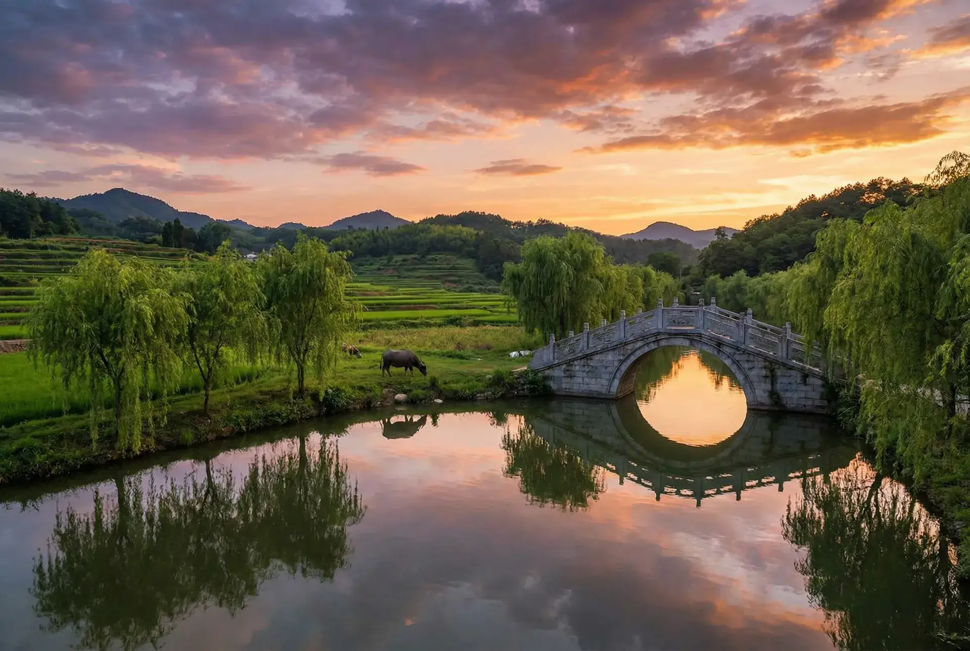 夕阳下的石拱桥与垂柳，水牛在河边吃草 - 恶魔动漫网 乡村美景